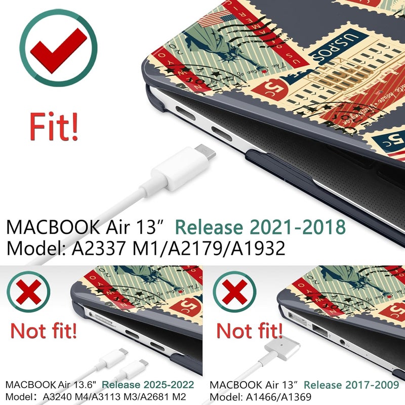 DONGKE for MacBook Air 13 Inch Case 2021-2018, Compatible with A2337 M1 A2179 A1932 Support Retina Display & Touch ID, Hard Shell Plastic Cover with Keyboard Skin - Classic Stamps - Image 3